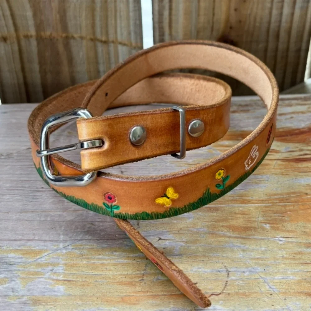 Hand Tooled & Painted Leather Belt Flower Bunny Deer Butterfly Ladybug Mushroom